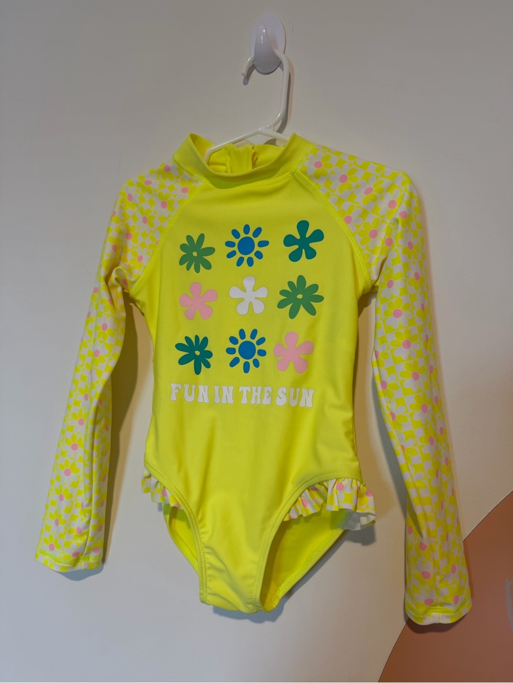 Lands' End Yellow Floral Long-Sleeve Girls' Rashguard One-Piece